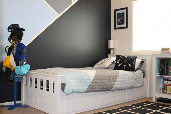 Boys bedroom with painted geometric shaped wall art